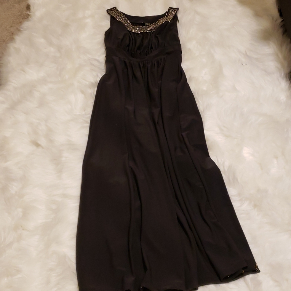 Dark grey party dress with beaded neckline
